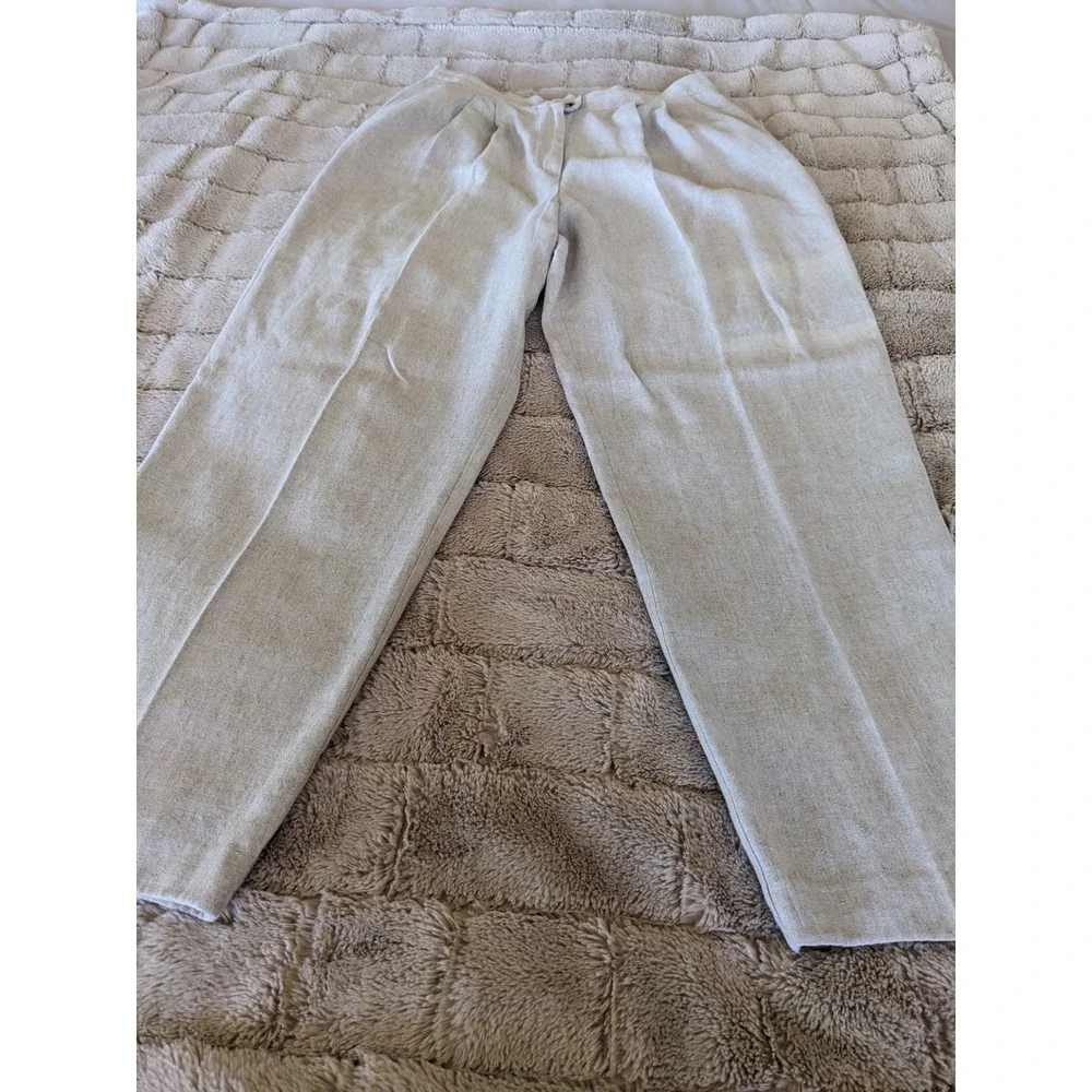 BICE Women Beige Linen Blend Pleated Straight Leg Trousers Pants Size 12 3836